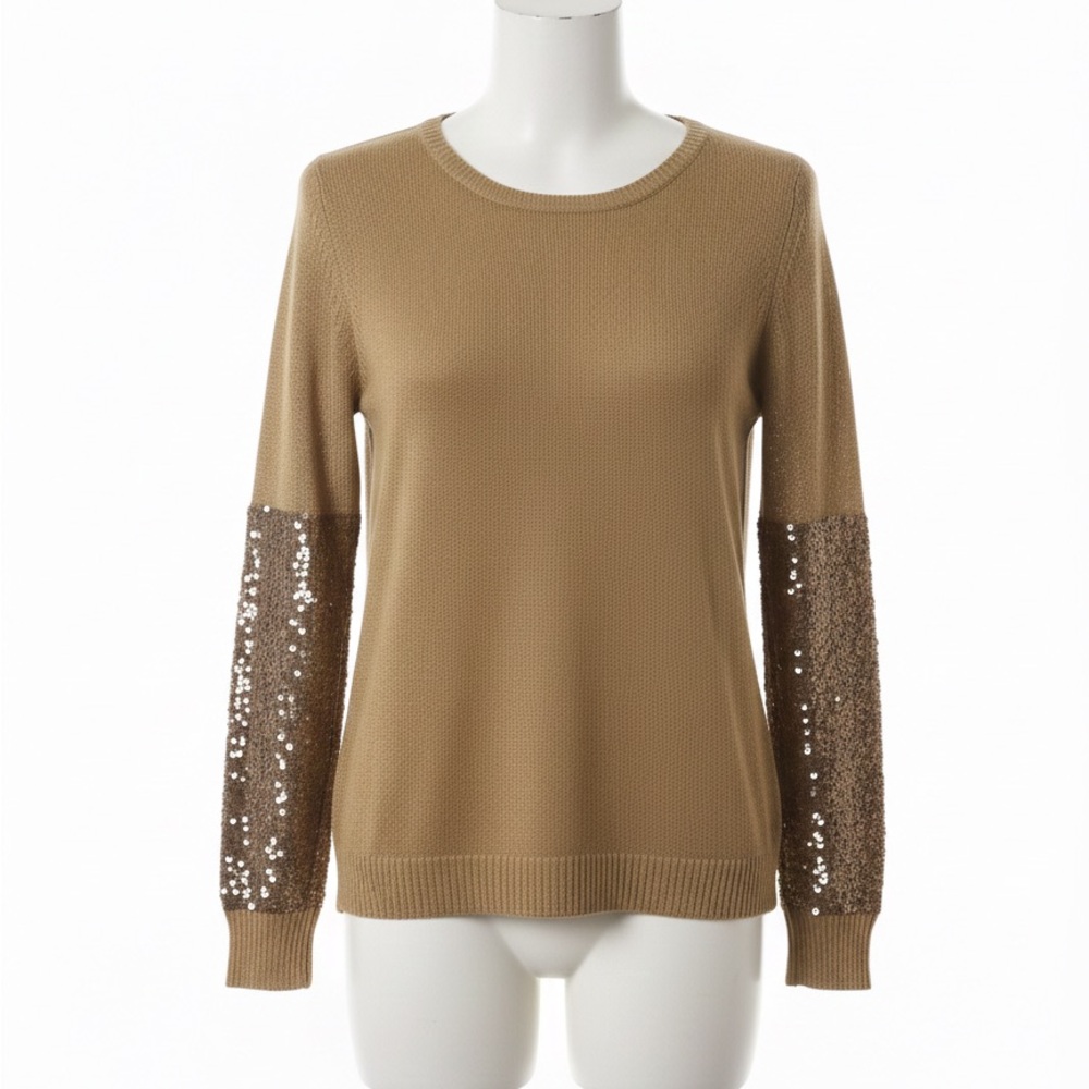 L Love Tan Knit Sequin Striped Sleeve Sweater – Gold Accents – Size S/M NWT